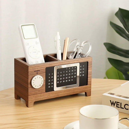 Black Walnut Wood Perpetual Calendar Pen Holder Desktop Organizer Office Storage