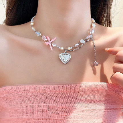 Pink Pentagram Love Pendant Necklace Sweet Jewellery Women Girls Cute Gift