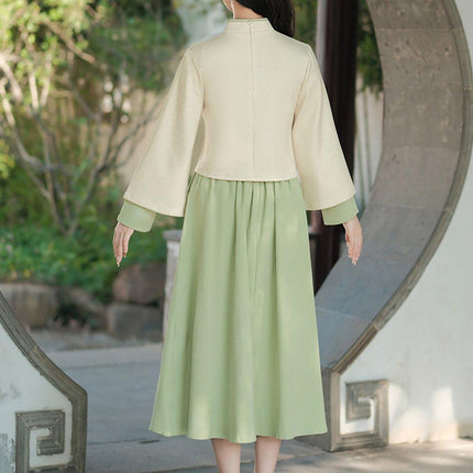 New Chinese Embroidery Green Hanfu Two-Piece Set Autumn Winter Coil Buckle Daily