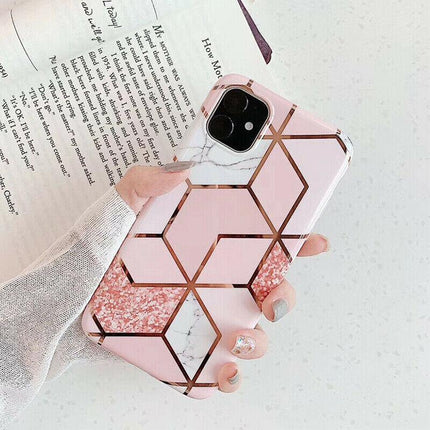 Pink Geometric Marble Case for iPhone 13 12 11 Pro Max XR XS 8 Shockproof Cover Silicone - Aimall