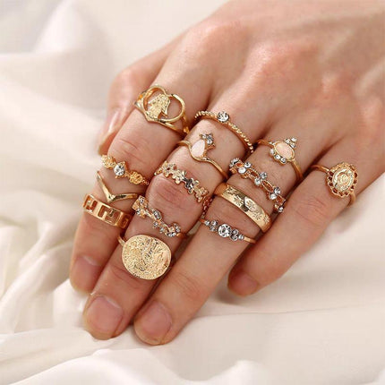 Gold Hollow Stackable Joint Ring Set 15 PCS Various Styles Versatile Womens - Aimall