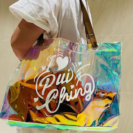 2PCS Transparent PVC Tote Bag Hologram Jelly Cosmetic GiftBag Iridescent Handbag