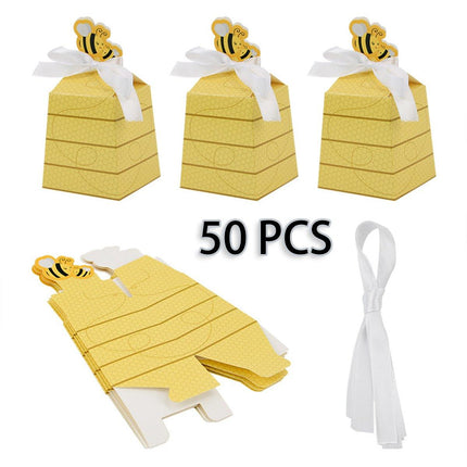 50PCS Bee Party Candy Box Chocolate Box with Ribbon Yellow Gift Boxes