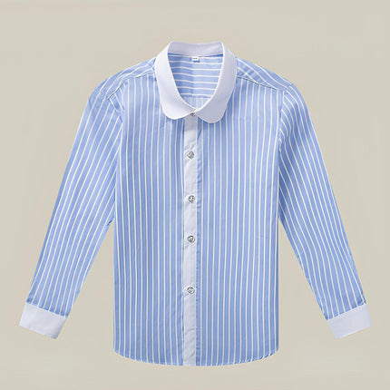 Blue Stripe Children's White Unisex Long Sleeve Cotton Shirt for Kids Boys Girls 3-10Yrs - Aimall