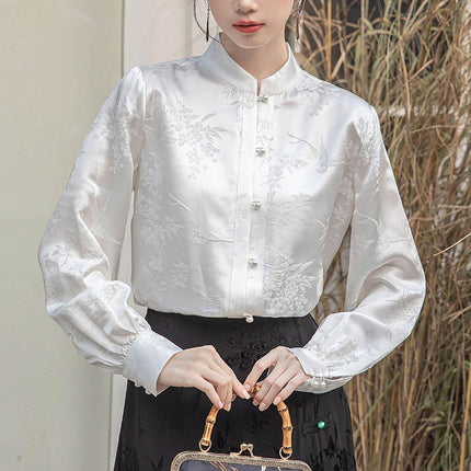 New Spring White Chinese Style Womens Top with Stand Collar Elegant Shirt