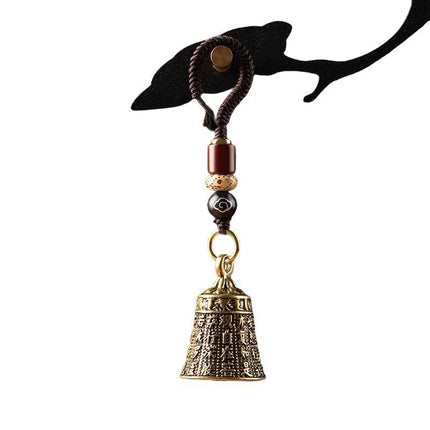 Pure Brass Bell Car KeyChain Engraved Chinese Buddhist Sutra Handmade Woven Rope - Aimall