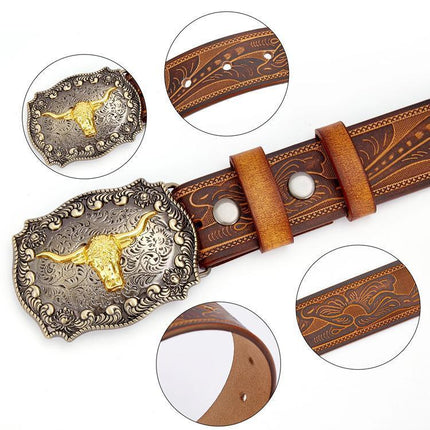 Retro Punk Belt with Cow Head Large Plate Buckle Trendy Western Waist Strap