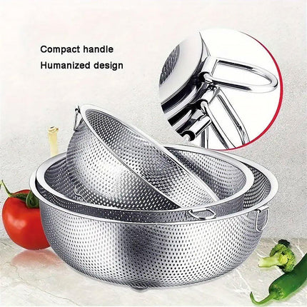 3PCS Stainless Steel Drain Basket Rice Washing Sieve Double Ear Strainer Basin