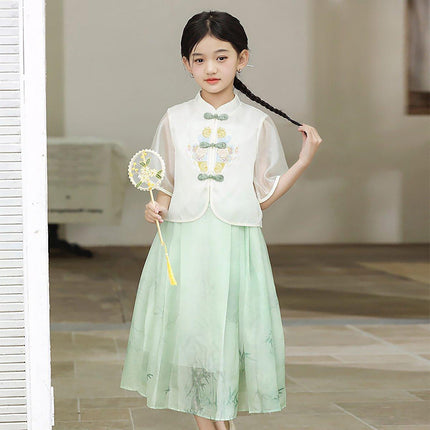 Traditional Chinese Style Girls Hanfu Vest Cardigan and Skirt Set for Costume