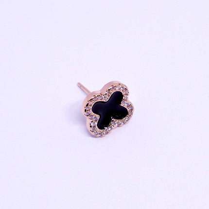Sterling silver needle women's black four-leaf clover earrings