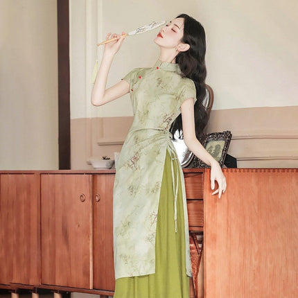 New Chinese Style Green Cheongsam Dress Daily Wear Modern Improved Dresses