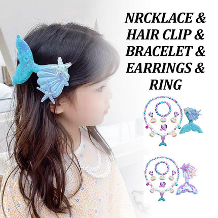 Girls Mermaid Fishtail Jewelry Set Necklace Bracelet Shell Earrings Ring Gift