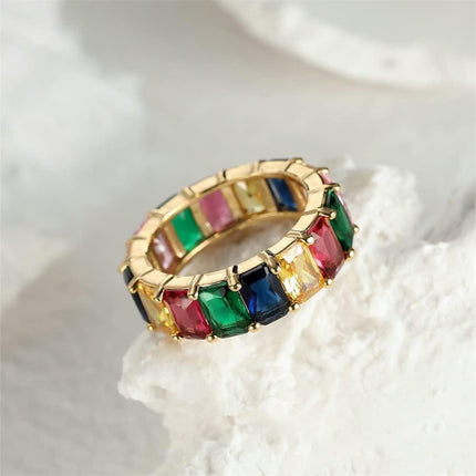 Rainbow Zircon Gemstone Ring Women's Stainless Steel Colourful Ring Size 6-10 - Aimall
