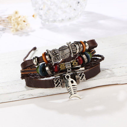 Turquoise Woven Leather Multi Layered Beaded Bracelet with Wood Beads Women