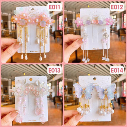 2Pcs Hanfu Flower Hair Clip Pearl Tassel Butterfly Hairpin Female/Children Party - Aimall