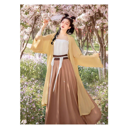 Hanfu Yellow Jacket Beige Traditional Chinese Long Coat for Spring/Summer Wear