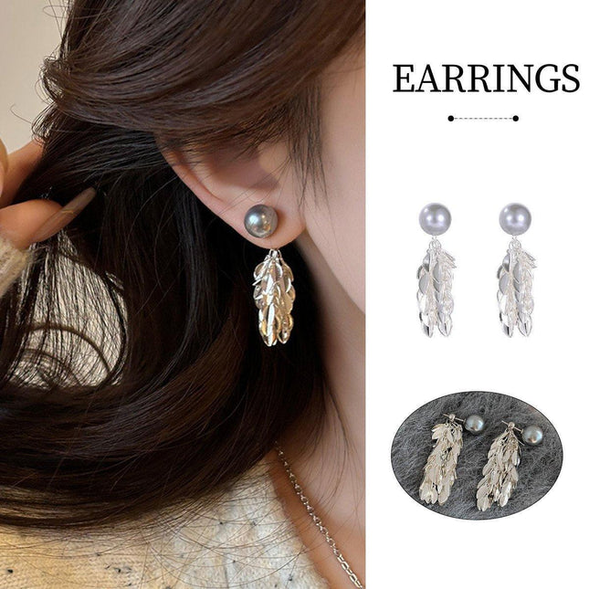 Gray Leaf Tassel Earrings pearl stud Sparkling Fashion Jewelry Women Gifts
