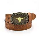 Retro Punk Belt with Cow Head Large Plate Buckle Trendy Western Waist Strap