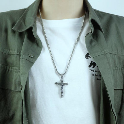 Men Stainless Steel Gold Silver Black Jesus Crucifix Pendant Chain Necklace Gold - Aimall