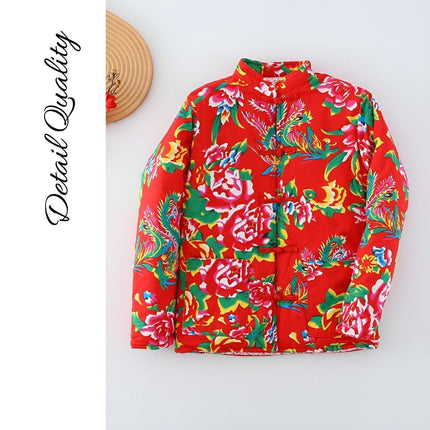 Winter Northeast Big Flower Ethnic Style Loose Peony Big Flower Cotton Coat Warm