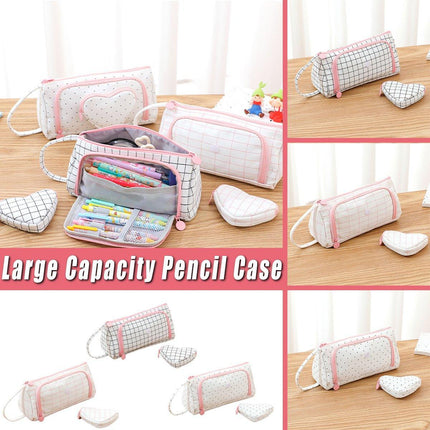 Large Capacity Canvas Pencil Case Plaid Multi-functional Portable Stationery Bag