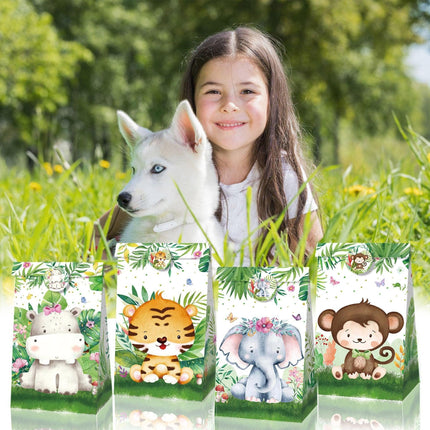 24x Jungle Animal Kraft Paper Bags Set Vibrant Designs Party Favors 4 Styles