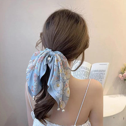 Vintage Boho Silk Bowknot Flower Hair Scrunchies Women Hair Bands Rope Pearl - Aimall