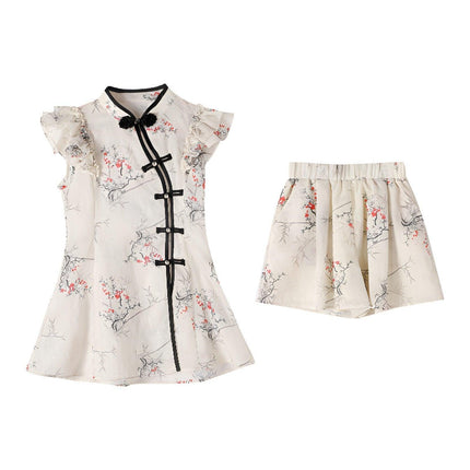 Traditional Style Girls Outfit Cheongsam Top with Matching Shorts Two-Piece Set