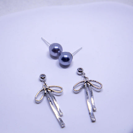Grey Pearl Ribbon Long Tassel Earrings Elegant Fashion Jewelry for Women Gift