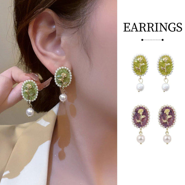 Vintage Rose Flower Earrings Oval Studs Elegant Jewelry for Women and Girls Gift