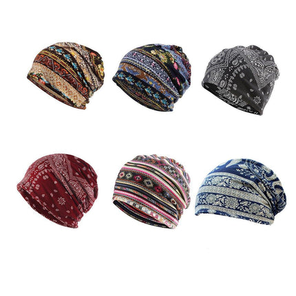 Ethnic Style Cotton Flower Stripe Pullover Cap Dual Purpose Turban Hat for Women