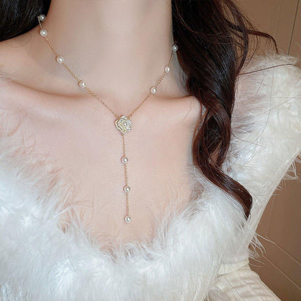 Gold Flower Pearl Tassel Necklace Elegant Temperament Jewelry Gift for Women