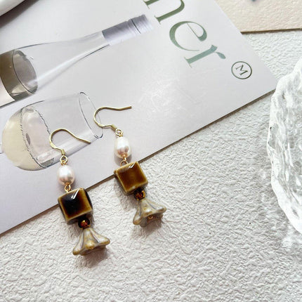 Ceramic Bead Dangle Earrings Imitation Pearl Vintage Fashion Jewellery