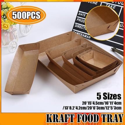 500PCS Kraft Cardboard Food Disposable Tray Brown Party Chips Takeaway Container Aimall