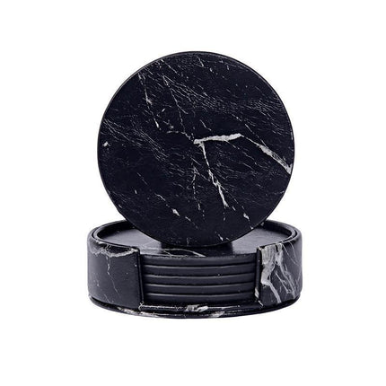 6x Coasters with Holder Marble Texture Round Cup Mat Pad Set For Drinks - Aimall