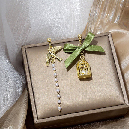 Bird Cage Asymmetrical Earrings Bow Long Fringe Dangle Jewelry Women Fashion
