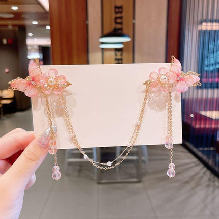 2Pcs Hanfu Flower Hair Clip Pearl Tassel Butterfly Hairpin Female/Children Party - Aimall