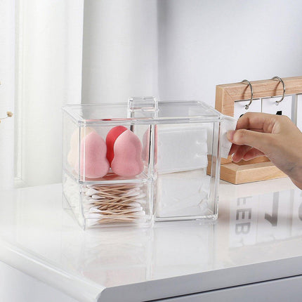 Clear Plastic Makeup Organizer Cotton Swab Storage Holder Compartment Vanity Box