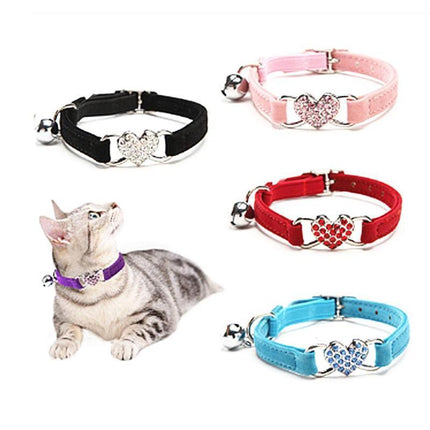 Cat Collar Suede Kitten Pet safety elastic Adjustable Bell Heart Bling Pink blue - Aimall