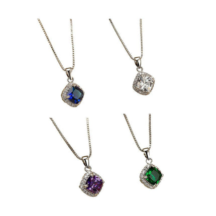 Fashion 925 Sterling Silver Stunning Square Cubic Zircon Pendant Necklace Chain - Aimall