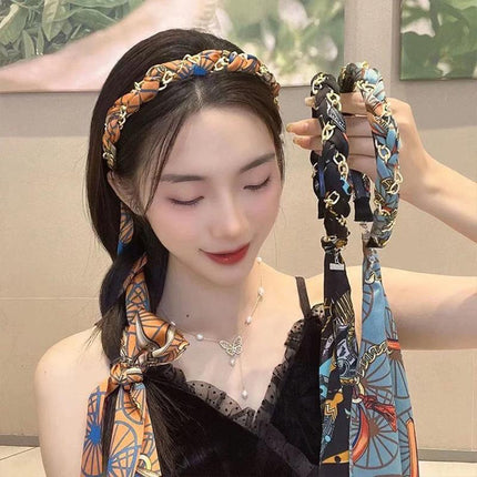 Chains patterned satin headband with Long Scarf Headband Scarf Hair Accessories - Aimall