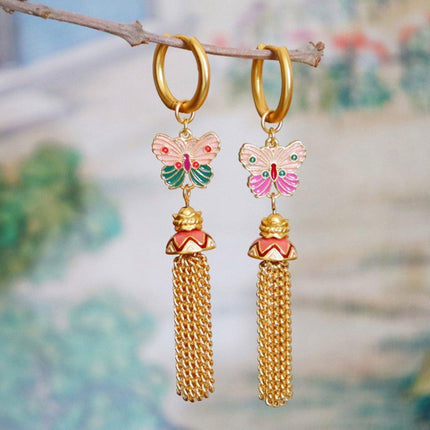 Fashion Retro Color Oil Dropping Butterfly Earrings Tassel Luxury Simple Earring