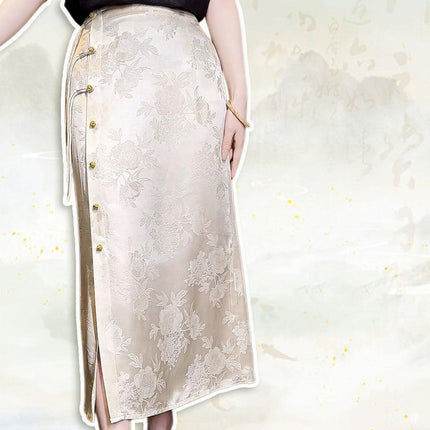 Retro White Cheongsam Style High Waist Slit Skirt for Women