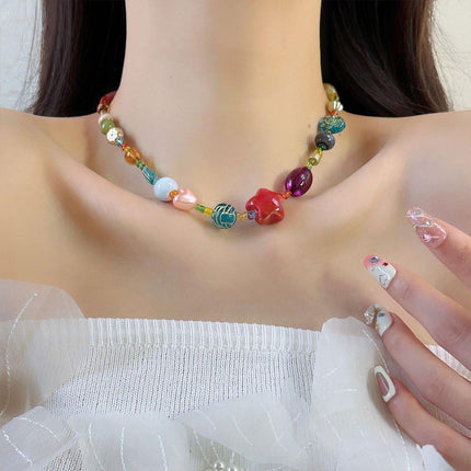 Colourful Ethnic Vintage Beaded Necklace Bracelet Ring Set Boho Jewelry Girl