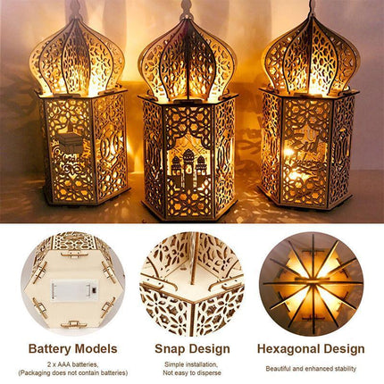 Eid Mubarak Muslim LED Night Light Ramadan Lamp Decor Lights Wooden Lantern - Aimall