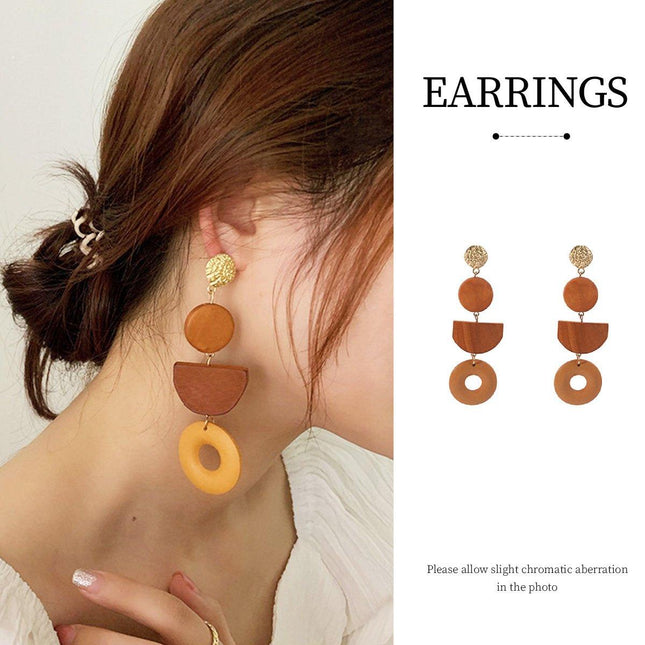 Geometric Wooden Earrings Vintage Simple Colour Block Long Earrings for Women