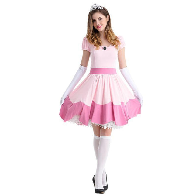 Ladies Princess Peach Costume Super Mario Pink Fancy Dress Party Halloween AU