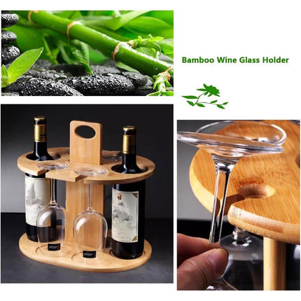 Wooden Wine Rack Free Standing 2Bottles with 4Glasses Holder Bamboo Wine Storage