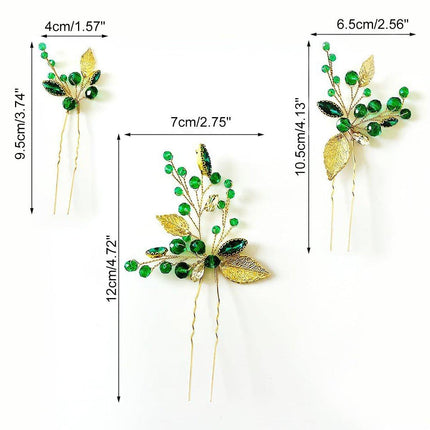 Wedding Bridal U Shaped Hairpins Emerald Green Leaf Bun Clips Women Rhinestone