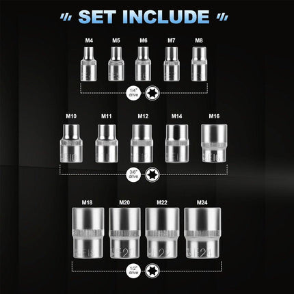 14x E Torx Socket Set Female Start Bit External Hex Torque E4-E24